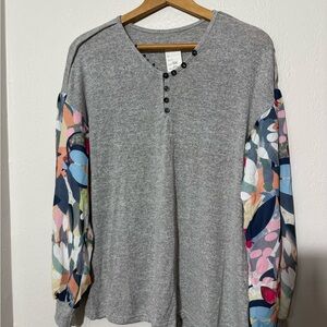 Gray Henley Top with Floral Sleeves